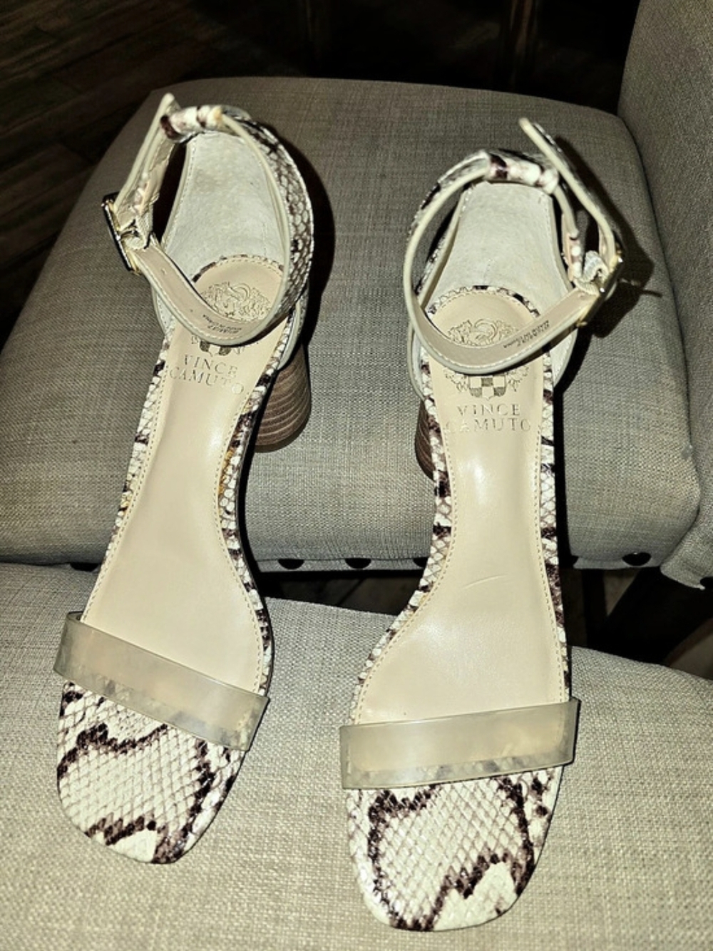 Vince Camuto VP-Feorla Snakeskin Block Heel Sandal White & Brown US 6.5
